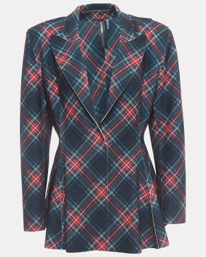 Norma Kamali Multicolor Plaid Jersey Peplum Jacket L