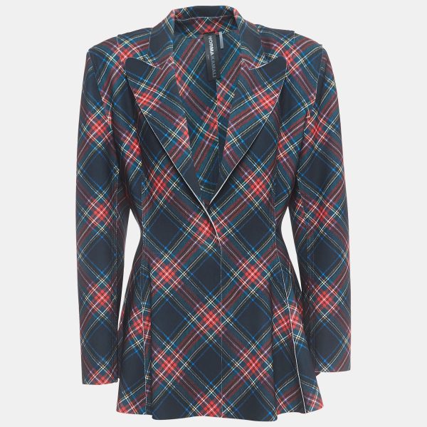 Norma Kamali Multicolor Plaid Jersey Peplum Jacket L