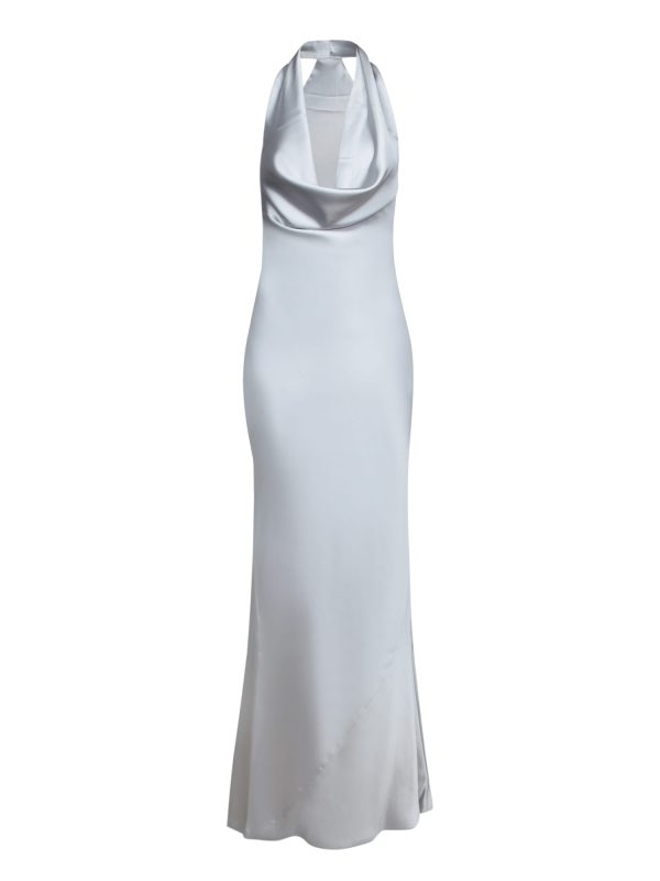Norma Kamali Silver Satin Halter Long Dress