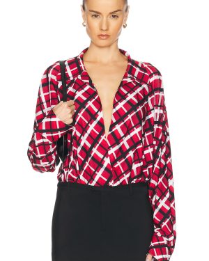 Norma Kamali Super Oversized Boyfriend Shirt Bodysuit in Red Bias Plaid - Red. Size L (also in M, S, XS).