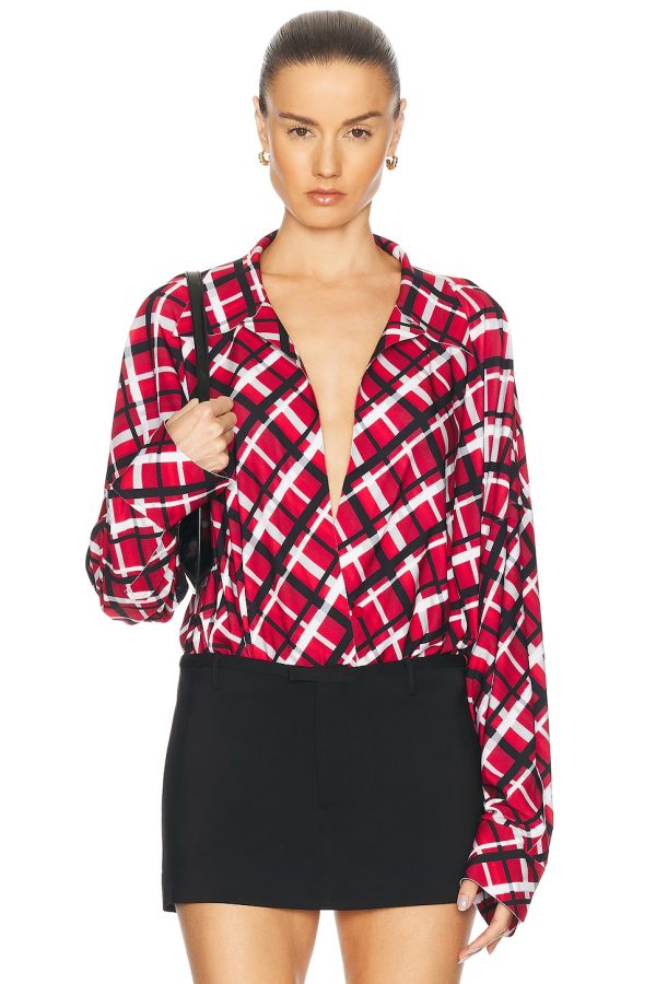 Norma Kamali Super Oversized Boyfriend Shirt Bodysuit in Red Bias Plaid - Red. Size L (also in M, S, XS).