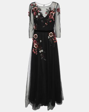 Notte By Marchesa Black Mesh Embellished Maxi Dress S