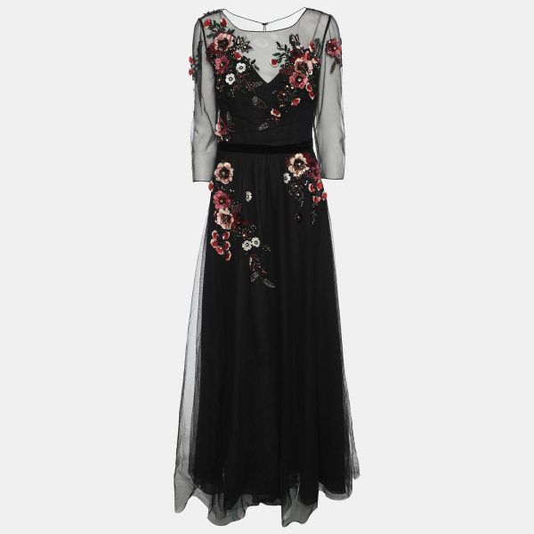 Notte By Marchesa Black Mesh Embellished Maxi Dress S