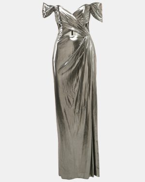 Notte By Marchesa Silver Lamé Jersey Off-Shoulder Corset Maxi Dress M