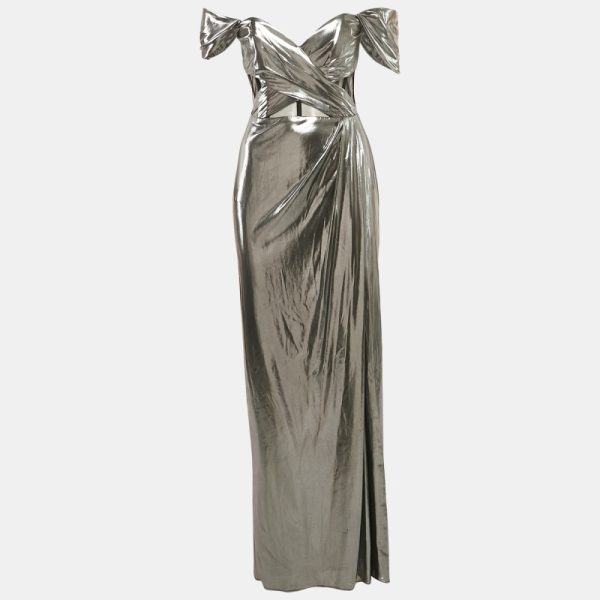 Notte By Marchesa Silver Lamé Jersey Off-Shoulder Corset Maxi Dress M