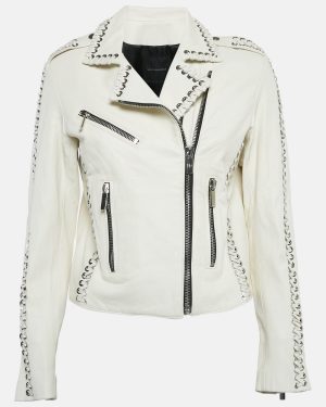 Nour Hammour White Leather Lace-Up Detail Jacket S