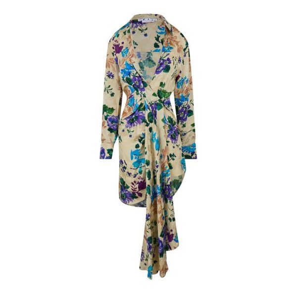 OFF WHITE Floral Asymmetric Shirt Dress - Beige