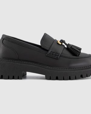 OFFICE Womens Flash Gold Trim Chunky Loafers Black PU, 3