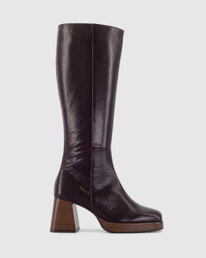 OFFICE Womens Klara Platfrom Heeled Knee Boots Berry Leather Red, 4