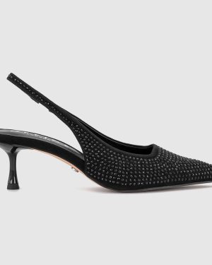 OFFICE Womens Madison Point Court Kitten Heels Black Embellished, 3