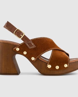 OFFICE Womens Miley Cross Over Wood Effect Heeled Sandals Tan Suede, 3