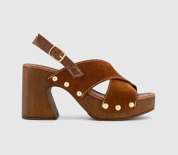 OFFICE Womens Miley Cross Over Wood Effect Heeled Sandals Tan Suede, 3