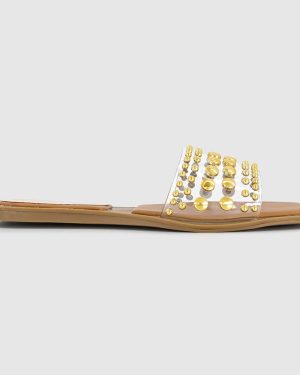 OFFICE Womens Saskia Stud Embellished Sliders Clear White, 3