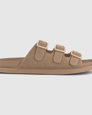 OFFICE Womens Saturn 3 Strap Footbed Sliders Beige