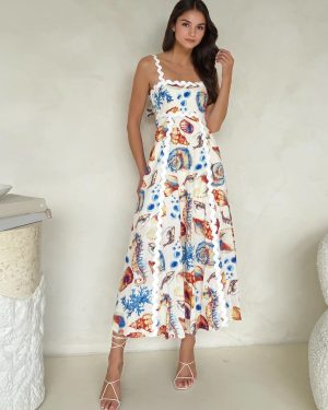 Ocean Style Print Dress Fitted Waist A-line Summer Dress For Women 2025