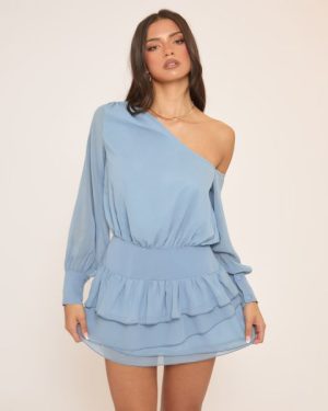 Off The Shoulder Asymmetric Frill Hem Mini Dress In Blue, Women's Size UK 6