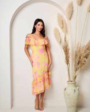 Off The Shoulder Frill Detail Midi Dress in Yellow - 8