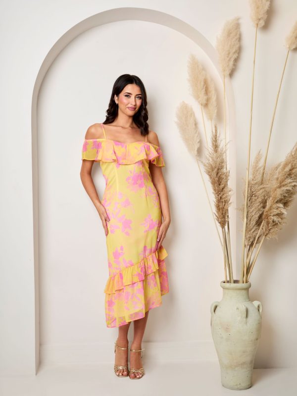 Off The Shoulder Frill Detail Midi Dress in Yellow - 8