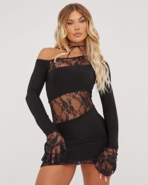 Off The Shoulder Lace Insert Detail Mini Bodycon Dress In Black, Women's Size UK 8