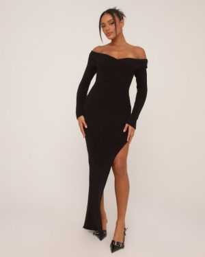 Off The Shoulder Wrap Over Side Split Maxi Dress In Black Knit, Women's Size UK Small S