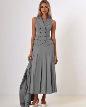 Office Two Piece Set For Women Double-breasted Lapel Vest And Pleated Long Skirt Summer Outfit 2025