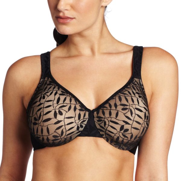 Olga Women's Sheer Leaves Minimizer Bra Black and French Toast 34DD