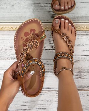 Ombre Casual Summer Rhinestone Breathable Daily Round Toe Thong Sandals Slip On Gladiator Sandals for Women