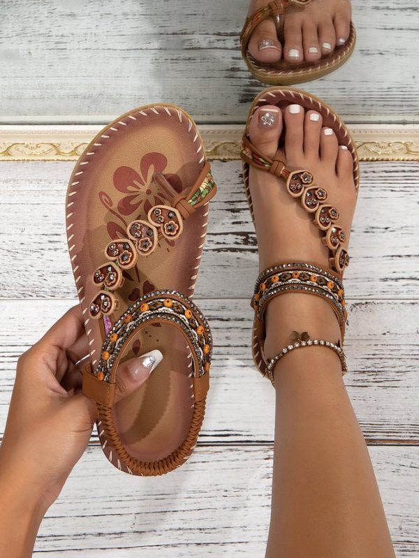 Ombre Casual Summer Rhinestone Breathable Daily Round Toe Thong Sandals Slip On Gladiator Sandals for Women