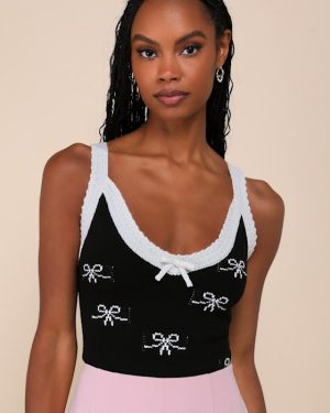 On the Bow Black and Ivory Bow Sweater Knit Tank Top