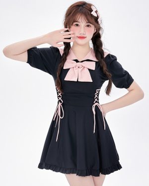 One Piece Swimsuit Black Color Block Bows Lace Up Short Sleeves With Pants