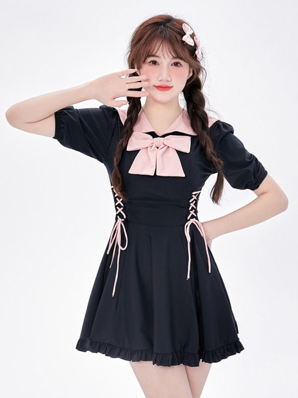 One Piece Swimsuit Black Color Block Bows Lace Up Short Sleeves With Pants
