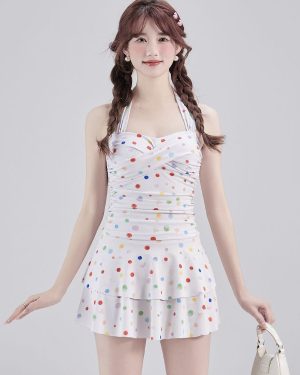 One Piece Swimsuit Sweet Lolita White Polka Dot Lace Up Pleated Sleeveless Swimwear