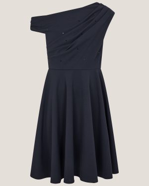 One-Shoulder Drape Skater Dress Blue
