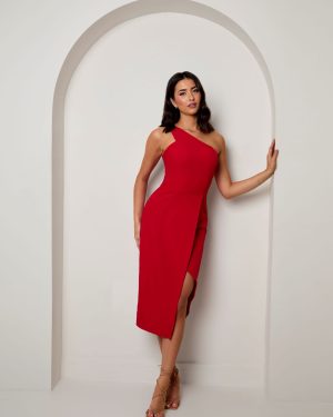 One Shoulder Split Detail Midi Dress in Red - 8