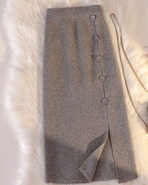 (One Size, gray) Korean Medium Length Knitted Half Length Skirt With High Waist And Versatile Design Wool A-line Wrap Buttocks Skirt Female Tops