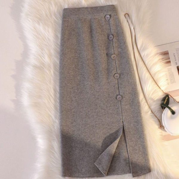 (One Size, gray) Korean Medium Length Knitted Half Length Skirt With High Waist And Versatile Design Wool A-line Wrap Buttocks Skirt Female Tops