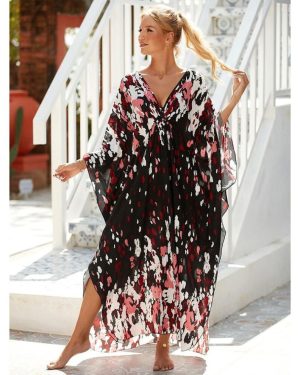 (One Size, pink) Edolynsa Sexy Zebra Striped Bikini Cover-ups Casual V-neck Side Split Summer Beach Dress Women Beach Wear Swim Suit Cover Up Q1297