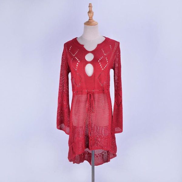 (One Size, wine red) Sexy Cover Up Bikini Women Swimsuit Cover-up Beach Bathing Suit Beach Wear Knitting Swimwear Mesh Beach Dress Tunic Robe
