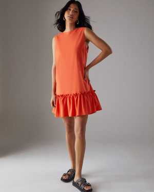 Orange WAREHOUSE Linen Blend Sleeveless Peplum Hem Mini Dress
