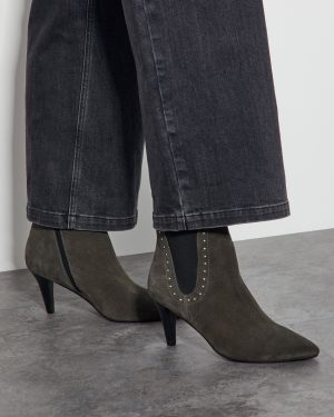 Oriana Suede Stud Heeled Boots Green