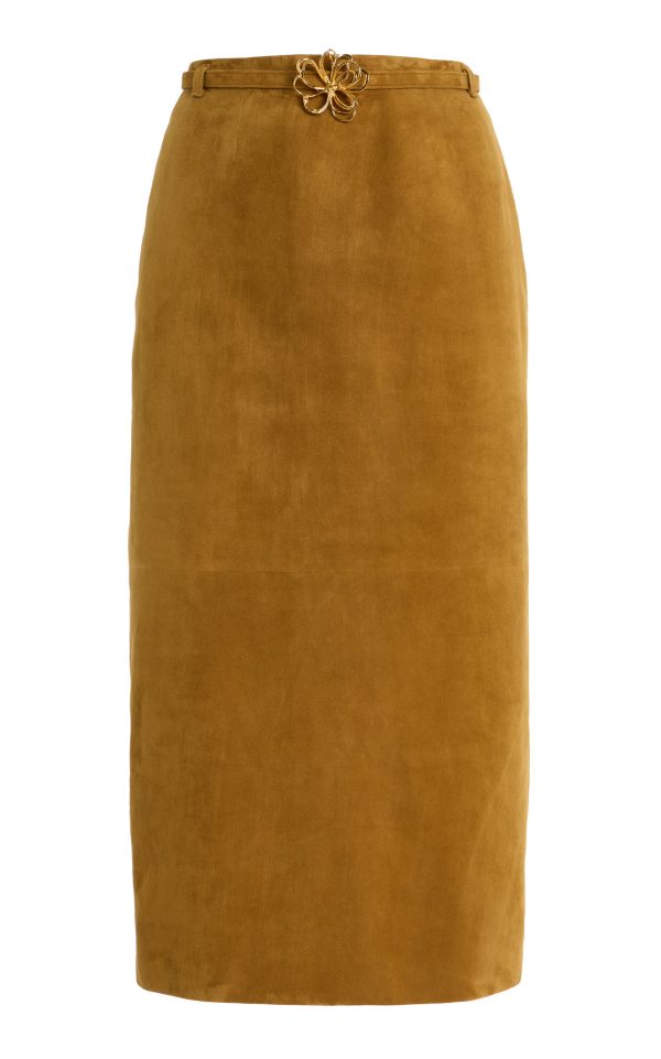 Oscar de la Renta - Belted Suede Midi Skirt - Tan - US 0 - Only At Moda Operandi