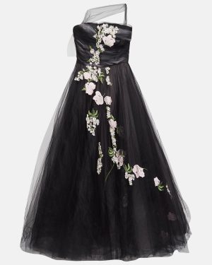Oscar de la Renta Black Floral Embroidered and Appliqued Tulle Halter Neck Gown M