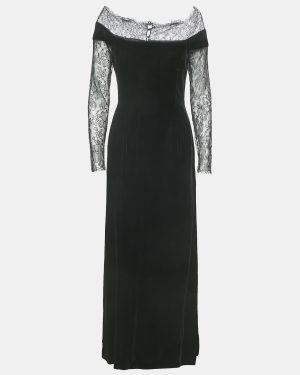 Oscar de la Renta Black Lace Trim Velvet Maxi Dress M