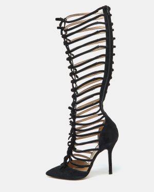 Oscar de la Renta Black Suede Lace-Up Knee High Gladiator Boots Size 39