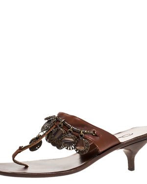 Oscar de la Renta Brown Leather Charm Embellished Kitten Heel Sandals Size 37.5