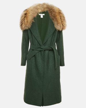 Oscar de la Renta Green Wool Blend Belted Detachable Fur Coat M