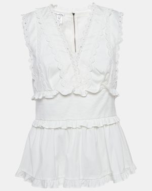 Oscar de la Renta White Lace Trim Cotton Ruffled Peplum Top M