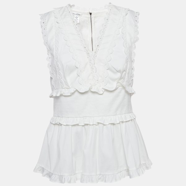 Oscar de la Renta White Lace Trim Cotton Ruffled Peplum Top M
