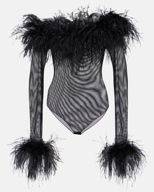 Oseree Feather-trimmed mesh bodysuit