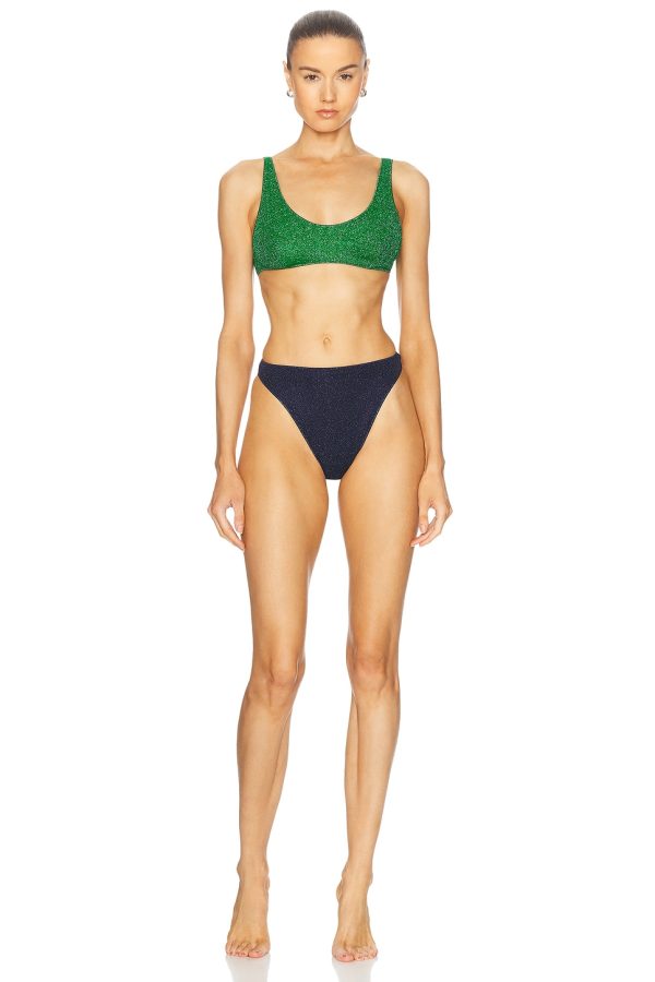 Oseree Lumiere 90s Sporty Bikini Set in Emerald Green & Night Blue - Green,Navy. Size L (also in M, S).